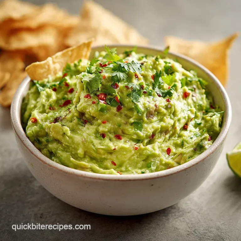 A beautifully mounded portion of fresh guacamole, garnished with a lime wedge and scattered cilantro leaves.