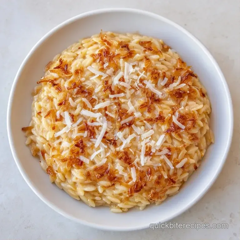 A white ceramic plate featuring toasted pasta curls and minced garlic, garnished with fresh herbs and cracked pepper.