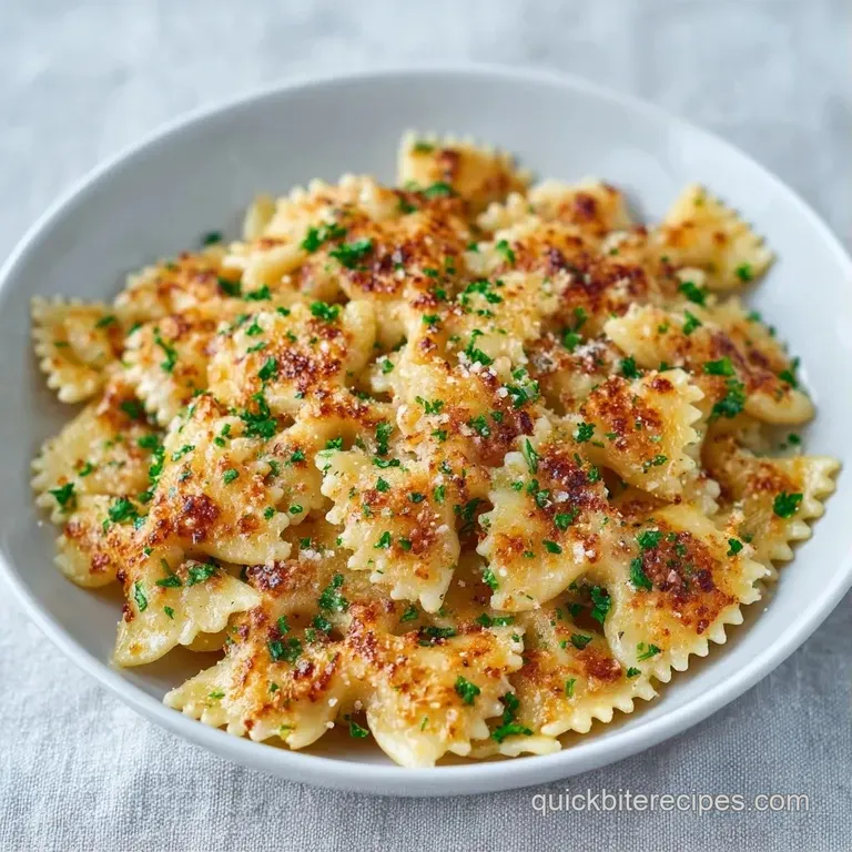 Bowtie pasta piled high on a white ceramic plate, topped with shaved parmesan and a sprig of fresh basil.