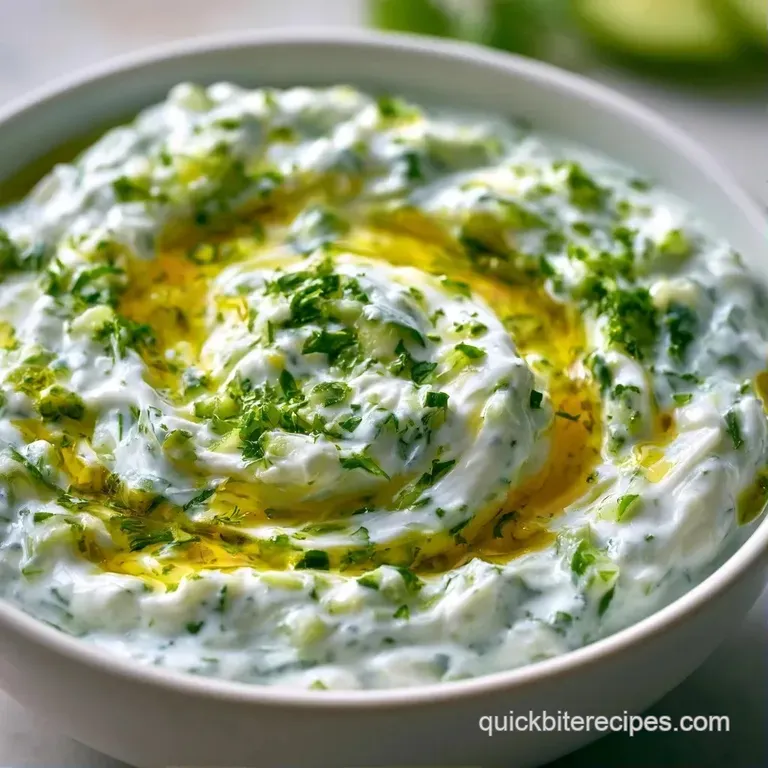 A small ceramic bowl of thick white dip garnished with a sprig of dill and olive oil, served with toasted pita chips.