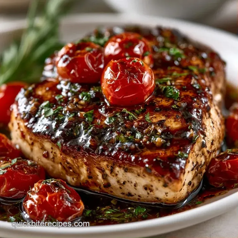 Sliced golden-brown chicken breasts surrounded by burst red tomatoes and a glossy balsamic reduction on white china.
