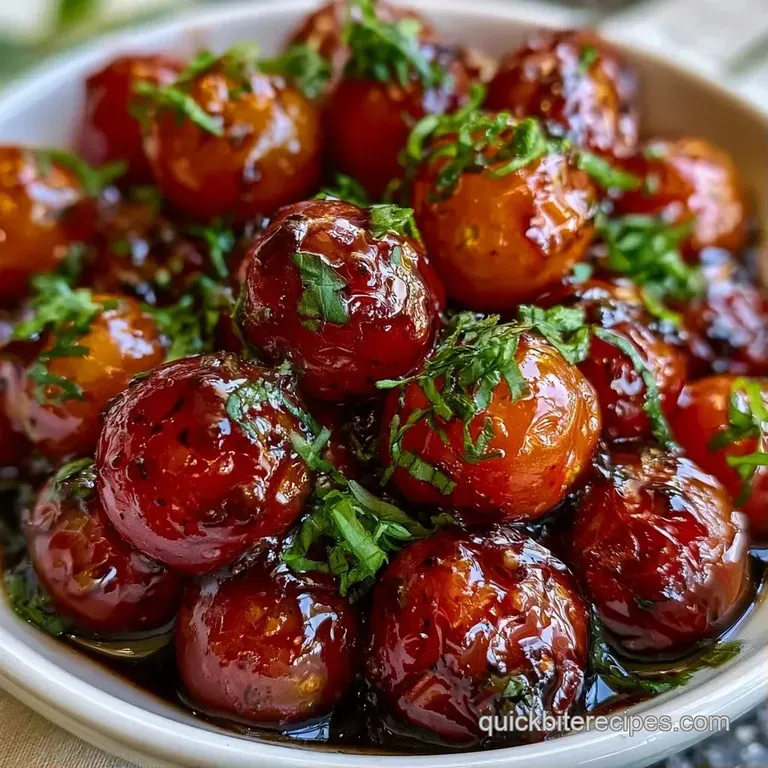 Vibrant red blistered tomatoes drizzled with a rich dark syrup in a white ceramic bowl on a marble countertop.
