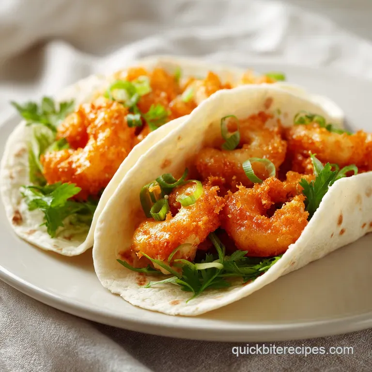 Neatly arranged tacos on a white platter, featuring crispy shrimp, zesty orange sauce, and bright purple cabbage.