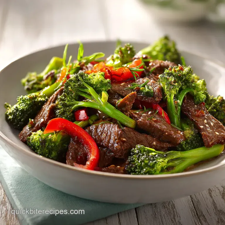 Tender, seared beef strips and crisp broccoli piled high on a white plate, glistening with savory sauce.