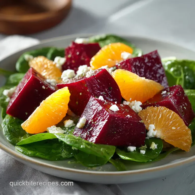 Elegantly plated purple beets and bright orange segments drizzled with a glossy vinaigrette on a minimalist dish.