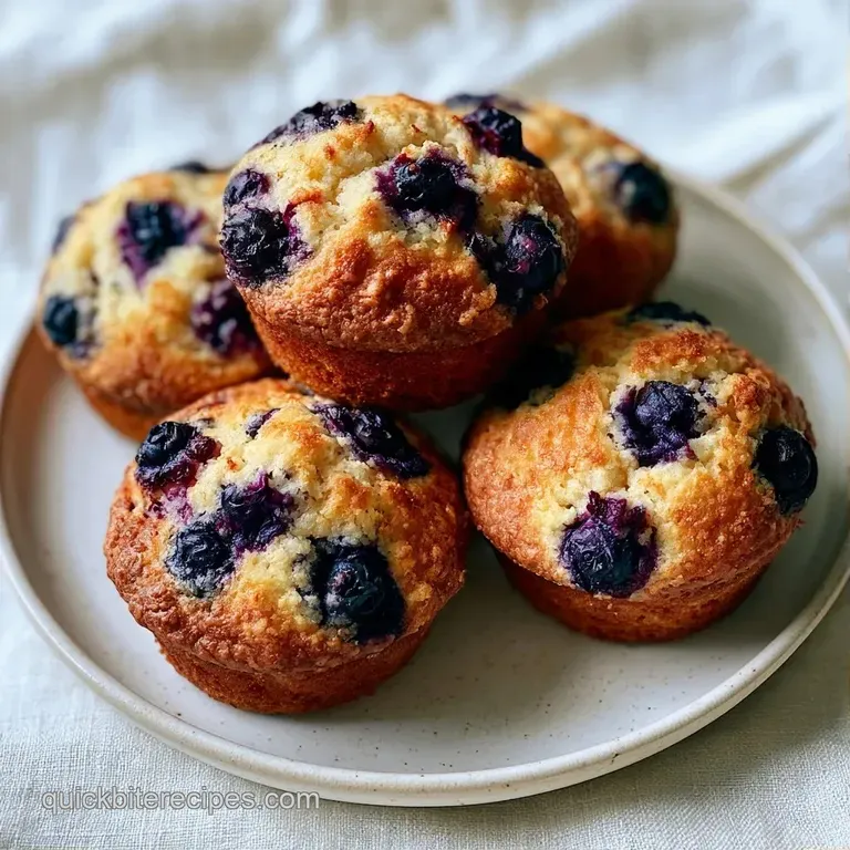 A stack of golden muffins on a white ceramic plate, accented by fresh blueberries and a dusting of powdered sugar.