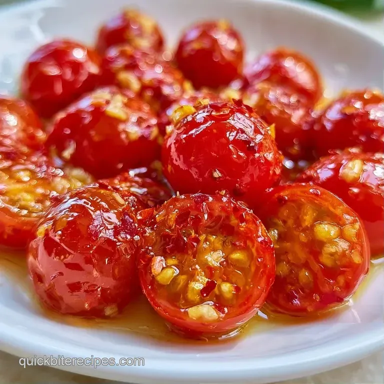 Glistening red blistered tomatoes in a rustic white bowl, topped with cracked pepper and fresh herb garnishes.