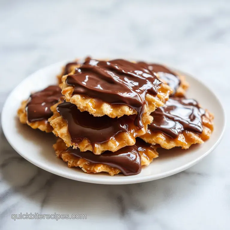 Golden-brown cracker sandwiches with dripping amber caramel arranged in a clean row on a modern matte black plate.