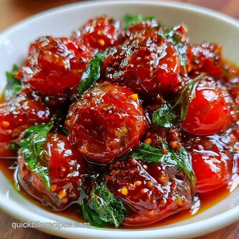 A small dollop of savory red tomato relish on a white plate, garnished with a crisp curry leaf and mustard seeds.
