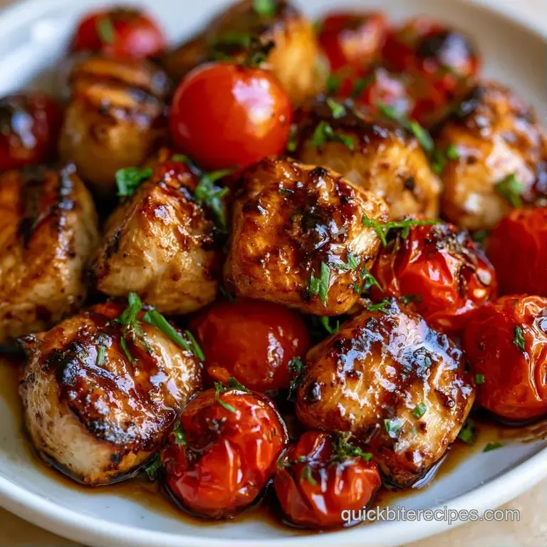 Seared chicken thighs plated on a white ceramic dish, surrounded by vibrant red cherry tomatoes and a light glaze.