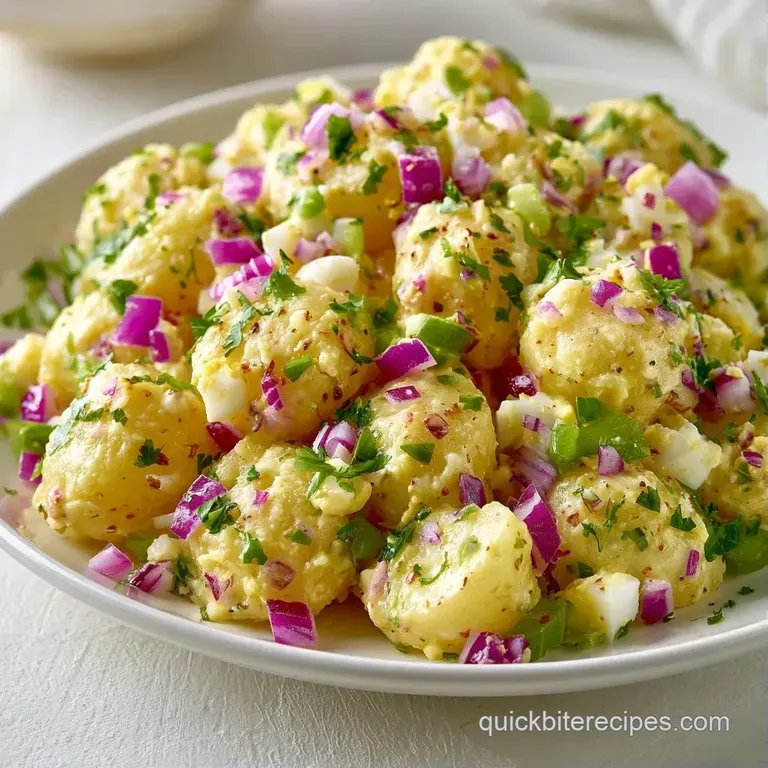 Elegant scoops of creamy potato salad topped with vibrant egg slices and fresh parsley on a minimalist white platter.