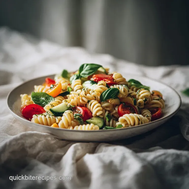 A generous scoop of chilled pasta salad, artfully arranged with fresh herbs and cherry tomatoes.