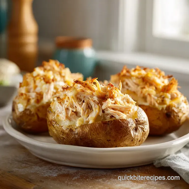 Two roasted potato skins overflowing with creamy chicken and melted cheese on a white ceramic platter.