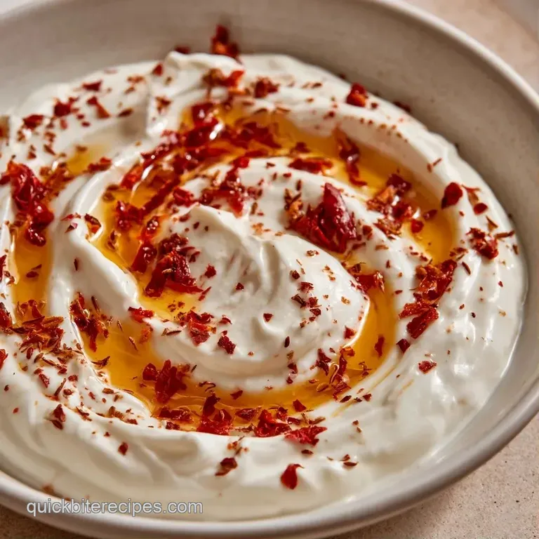Thick white yogurt in a ceramic bowl topped with golden tempering and fresh coriander on a rustic wooden surface.