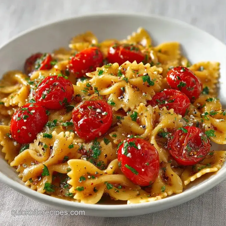 Golden bowtie pasta mixed with colorful diced peppers and fresh parsley, artfully arranged on a white dinner plate.