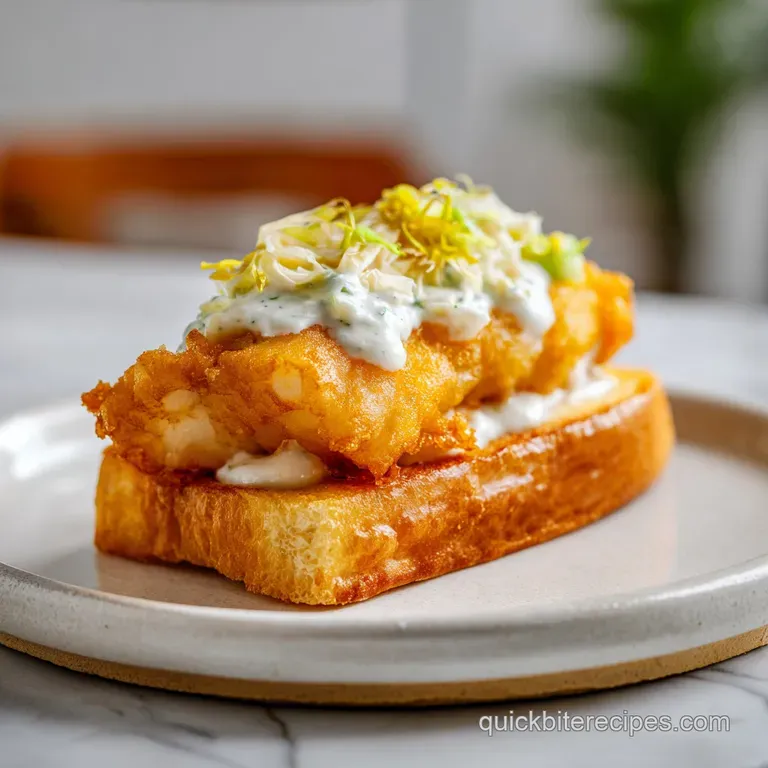 Golden fish fillet on a toasted bun served with a side of creamy slaw on a white ceramic plate with fresh lemon.