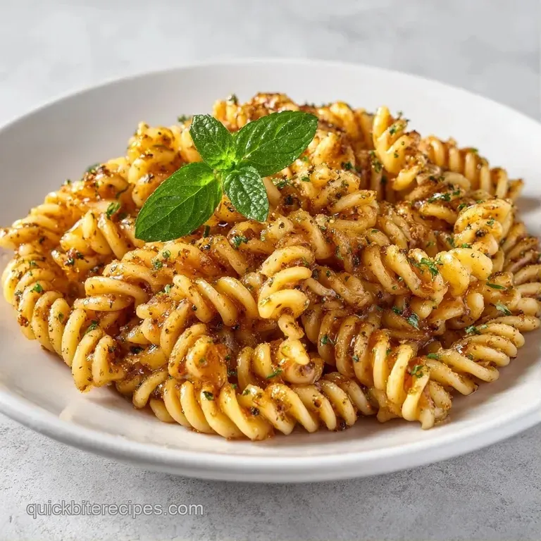 Artfully arranged roasted pasta and colorful vegetables on a matte white plate with a drizzle of lemon vinaigrette.