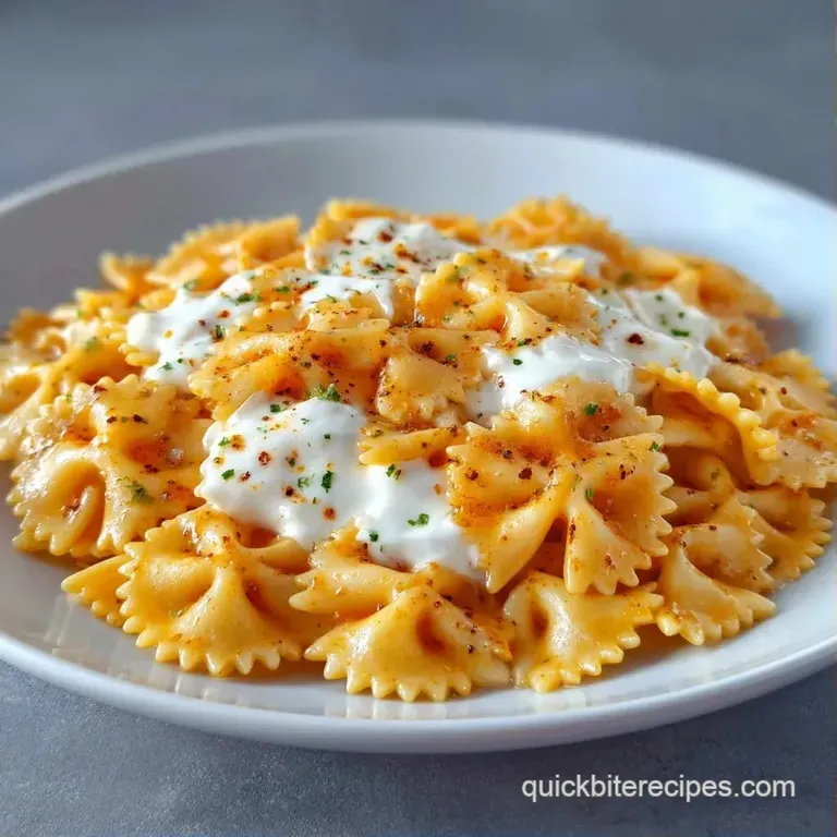 A white ceramic bowl filled with toasted pasta, topped with swirls of white yogurt sauce and a sprinkle of paprika.