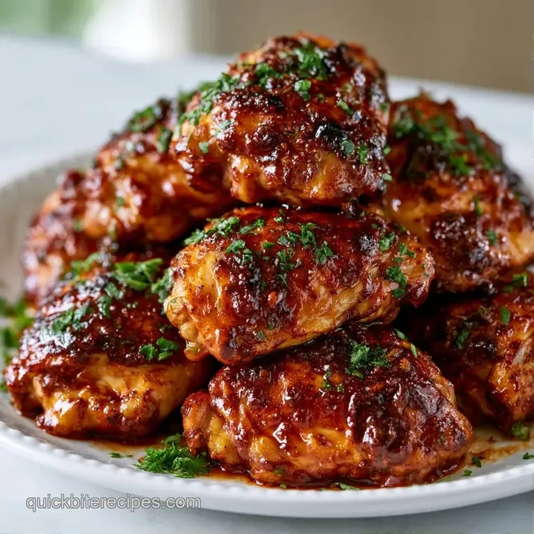A juicy chicken thigh glazed in red paprika sauce, served on white porcelain with a sprig of fresh green parsley.