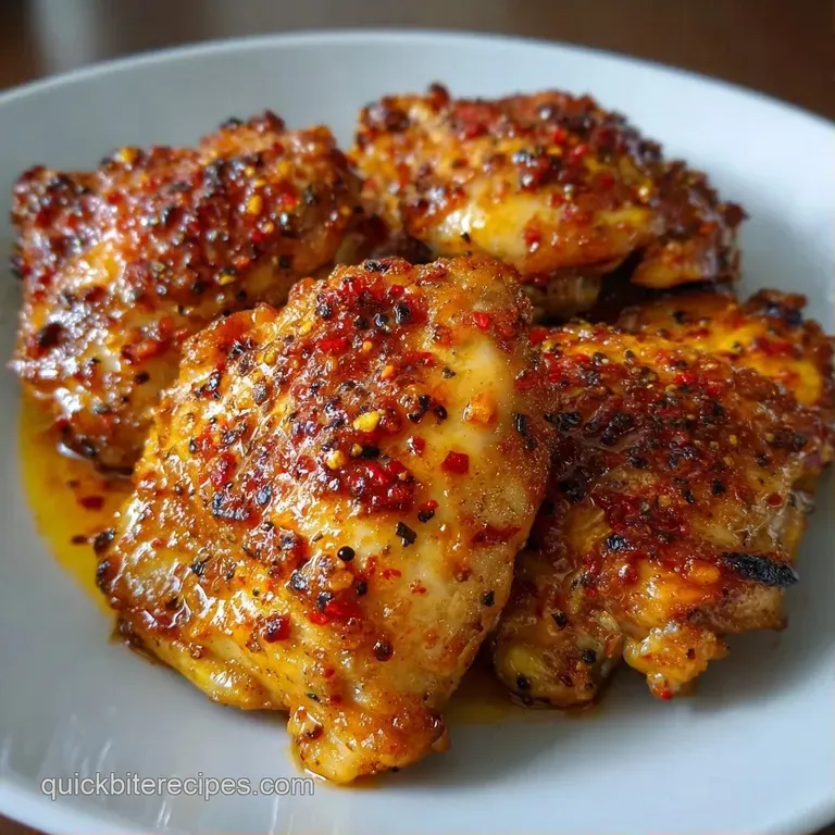 Juicy chicken thighs plated on a white ceramic dish with a drizzle of rich sauce and fresh chopped parsley.