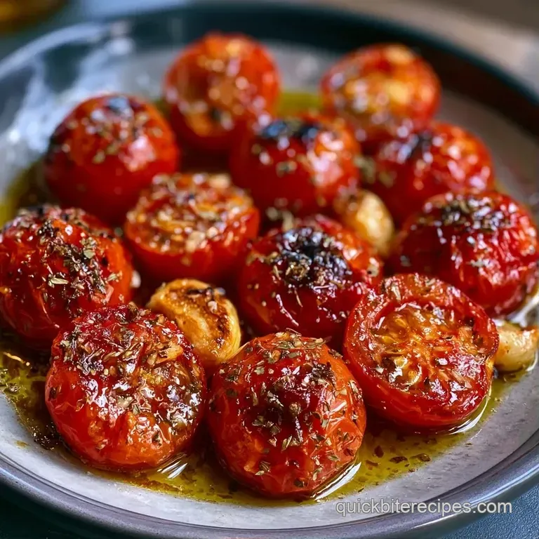 Vibrant red roasted tomatoes served in a shallow bowl, topped with a sprinkle of sea salt and fresh green basil.