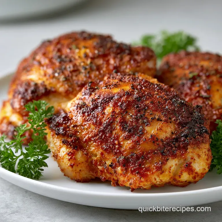 Two golden-brown chicken thighs plated elegantly on white ceramic with roasted root vegetables and fresh parsley.