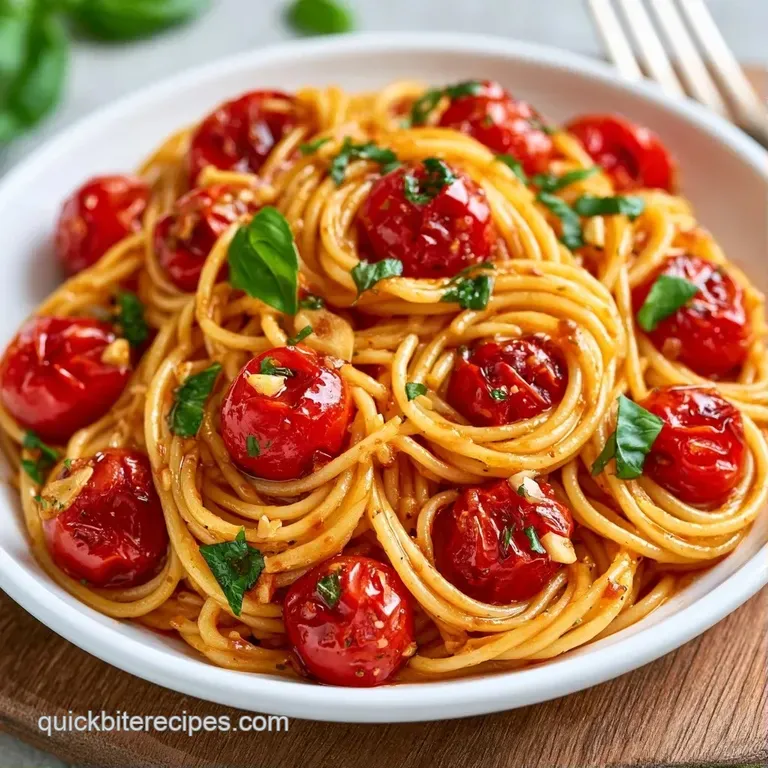 Elegantly plated pasta topped with glistening cherry tomatoes, a sprig of fresh basil, and a dusting of parmesan.