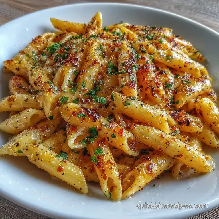A minimalist white bowl of cream-coated pasta with toasted edges, set on a rustic wooden table with a fork.