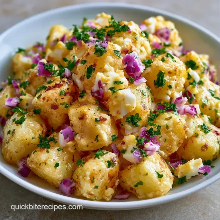 Neatly scooped mounds of creamy potato salad on a ceramic platter, garnished with crisp parsley and cracked pepper.
