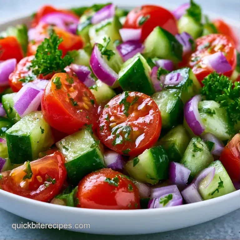 Vibrant red cherry tomatoes and sliced cucumbers arranged in a white bowl with a sprinkle of fresh green herbs