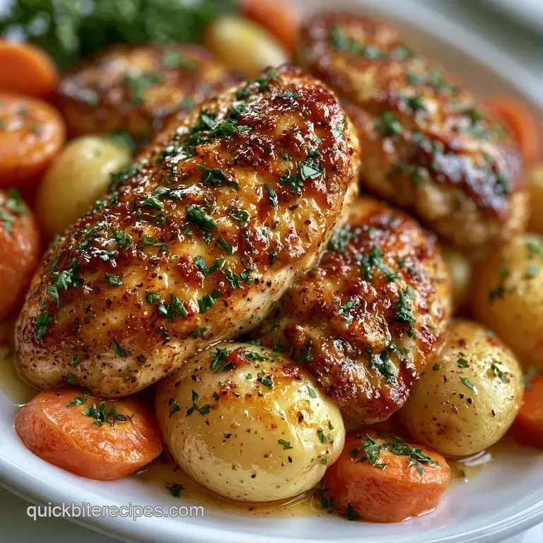 A white ceramic bowl filled with slow-cooked meat and colorful vegetables, garnished with a sprig of fresh parsley.