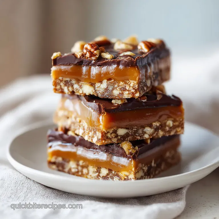 A slice of rich chocolate and caramel bar topped with whole pecans on a white ceramic plate with a linen napkin.