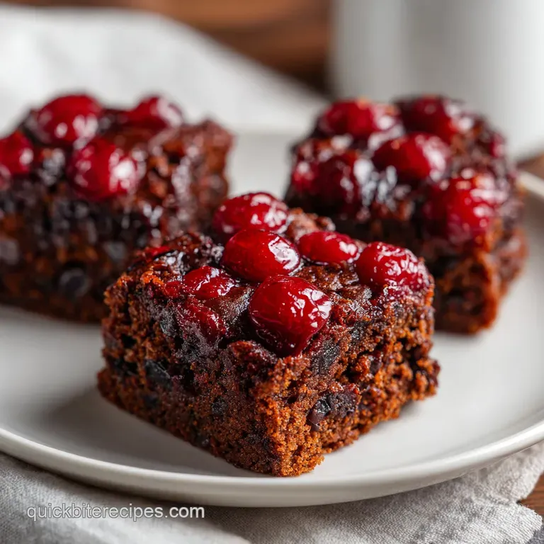 Square slice of dense, dark fruit cake on a ceramic plate, topped with a glossy red glaze and a dusting of sugar.