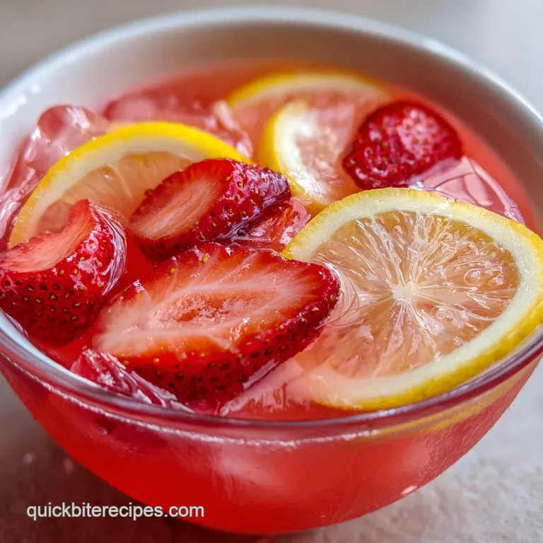 Frosted glass of bright pink beverage with floating ice, a yellow lemon slice, and a fresh berry on a linen cloth.