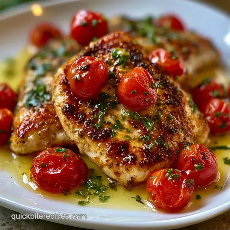 Sliced golden chicken breasts glazed in butter, paired with burst red tomatoes on a modern matte black dinner plate.