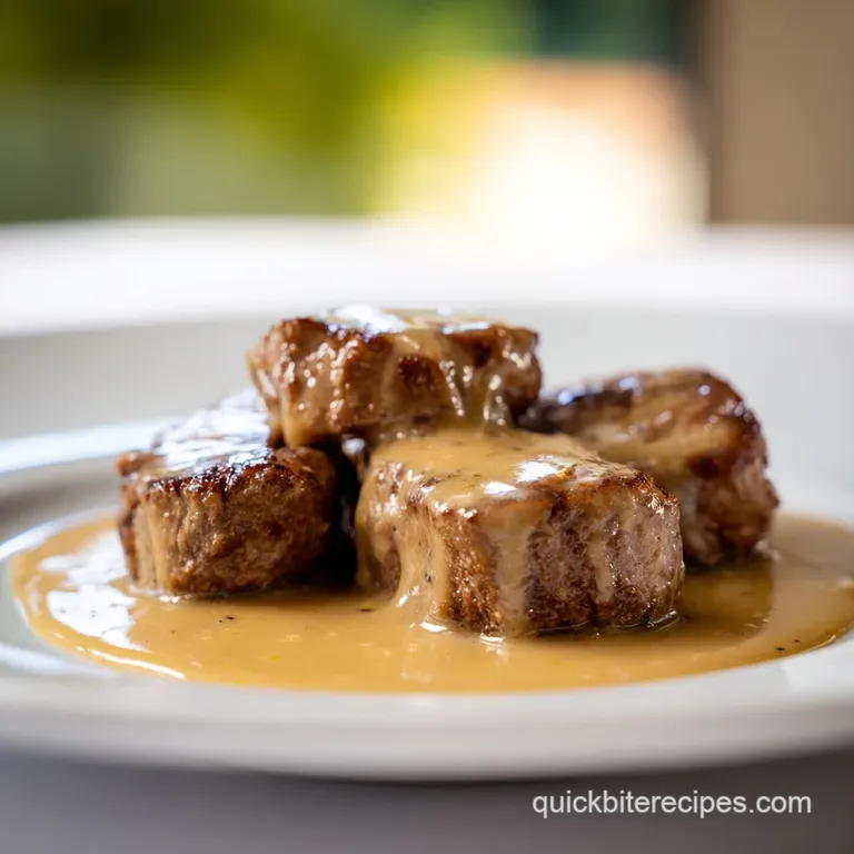 Golden-brown beef cubes arranged on a white ceramic plate with a drizzle of garlic butter and a sprinkle of herbs.