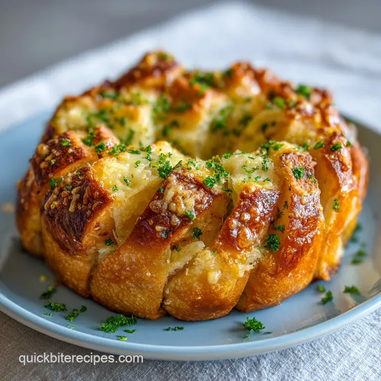 Savory pull-apart bread on a white marble platter, glistening with melted garlic butter and fresh green herbs.
