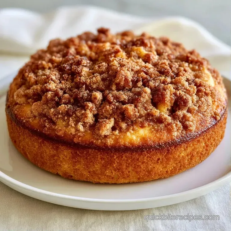 A thick slice of golden cake with a crumbly cinnamon top on a white ceramic plate beside a steaming cup of coffee.
