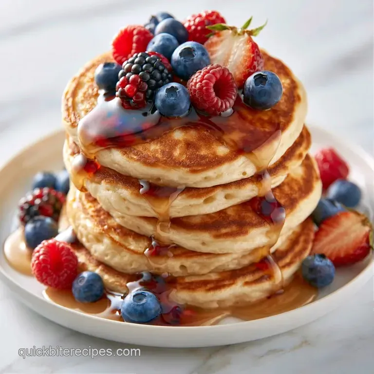 A stack of golden-brown pancakes on a white ceramic plate, topped with fresh berries and a dusting of powdered sugar.