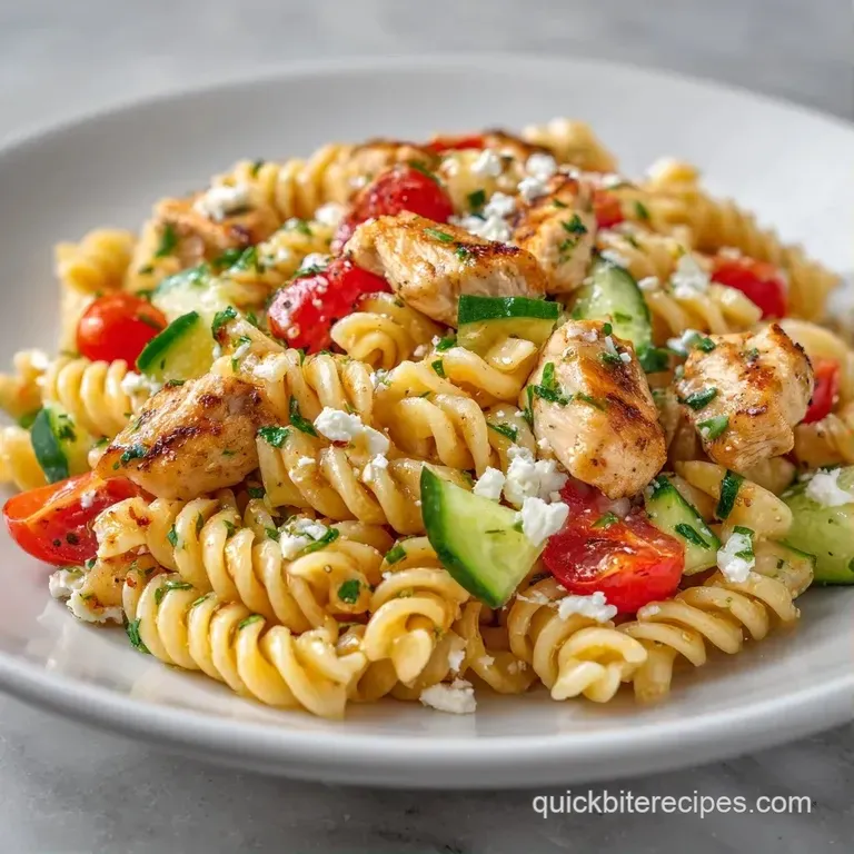 A bright white bowl filled with creamy pasta, grilled chicken, and colorful diced vegetables topped with fresh parsley.