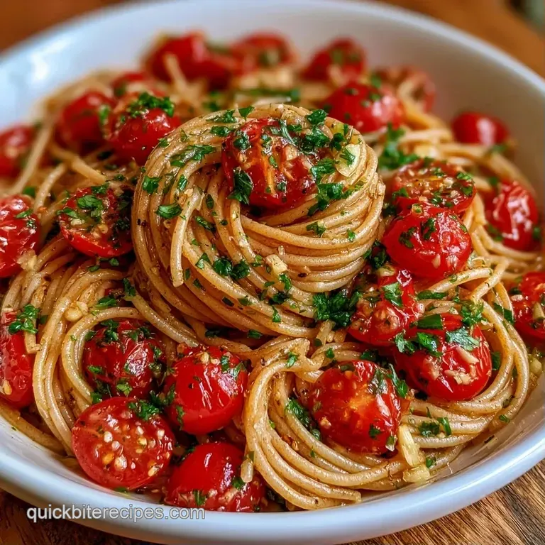 Al dente pasta twirled in a white ceramic bowl, topped with bright cherry tomatoes and a sprinkle of parmesan.
