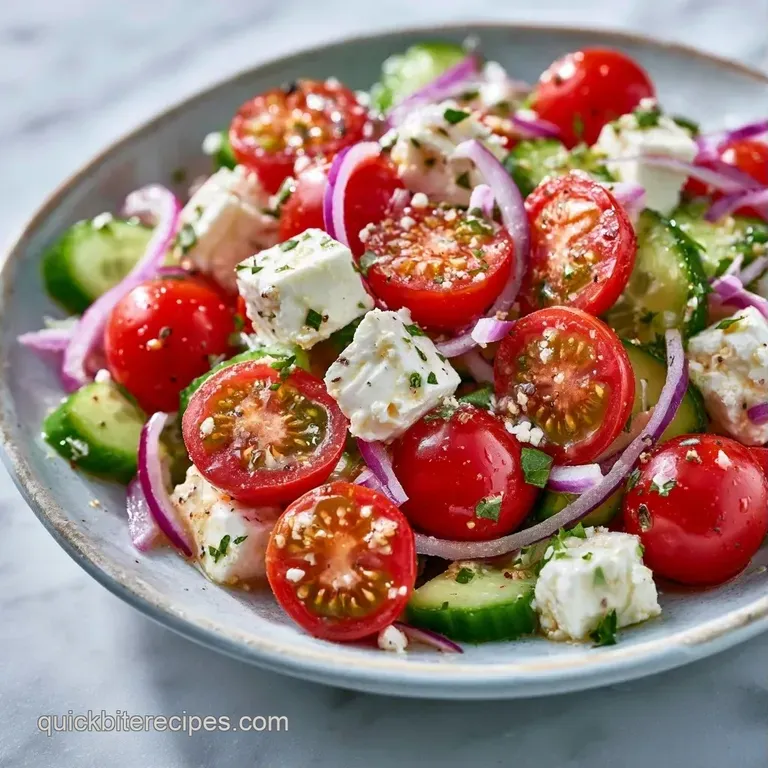 Colorful arrangement of halved cherry tomatoes and crumbled white feta on a ceramic plate with basil sprigs.