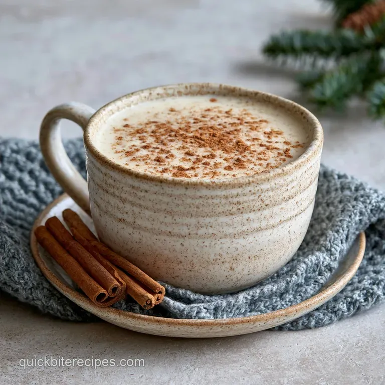 Frothy ivory beverage in a crystal glass, accented by a cinnamon stick and a dusting of aromatic brown spice.