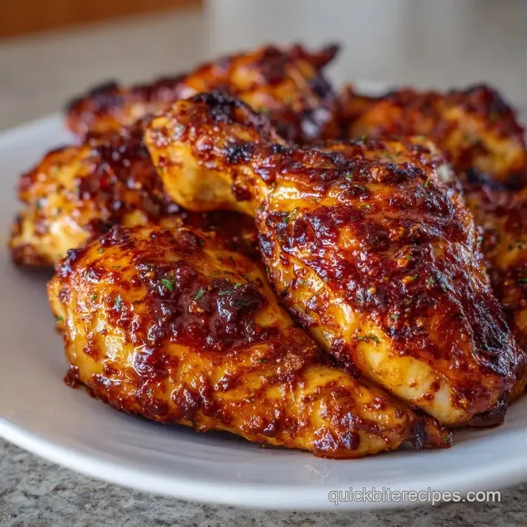 Three succulent chicken thighs drizzled in rich pan sauce, garnished with fresh parsley on a matte white plate.