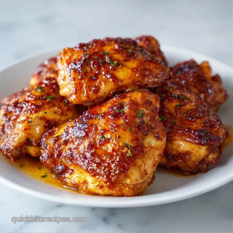 Plump chicken thighs on a white plate with a glossy glaze, paired with steamed carrots and fluffy white rice.