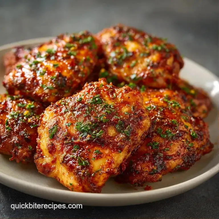 Sliced juicy chicken thighs on a white plate, drizzled with glossy glaze and garnished with bright green parsley.