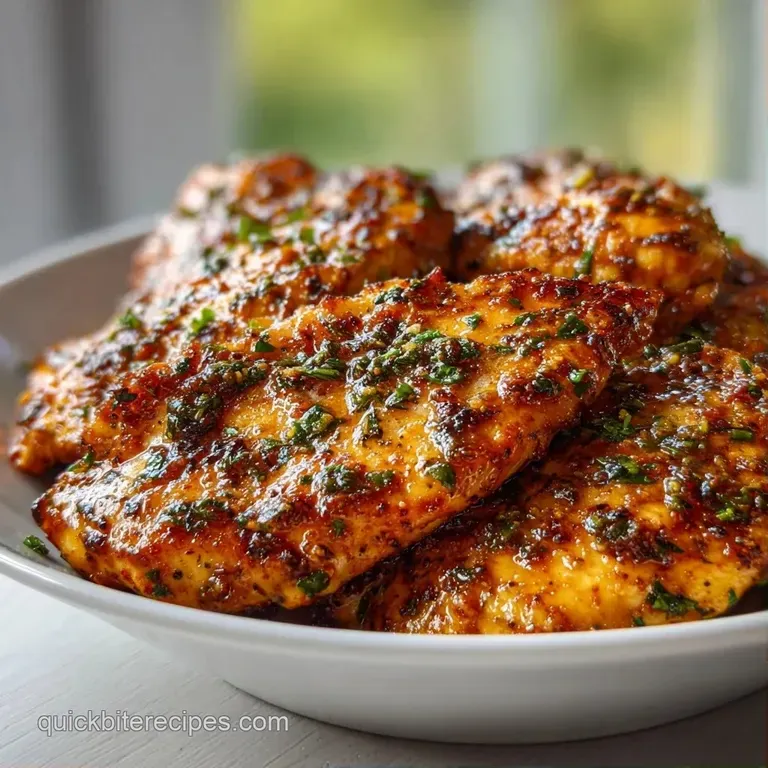 Juicy chicken breasts drizzled with a savory glaze, served atop fluffy white rice with a sprig of fresh thyme.