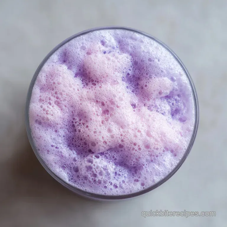 A sleek glass of iced latte topped with lilac-colored froth, garnished with dried lavender on a bright marble table.