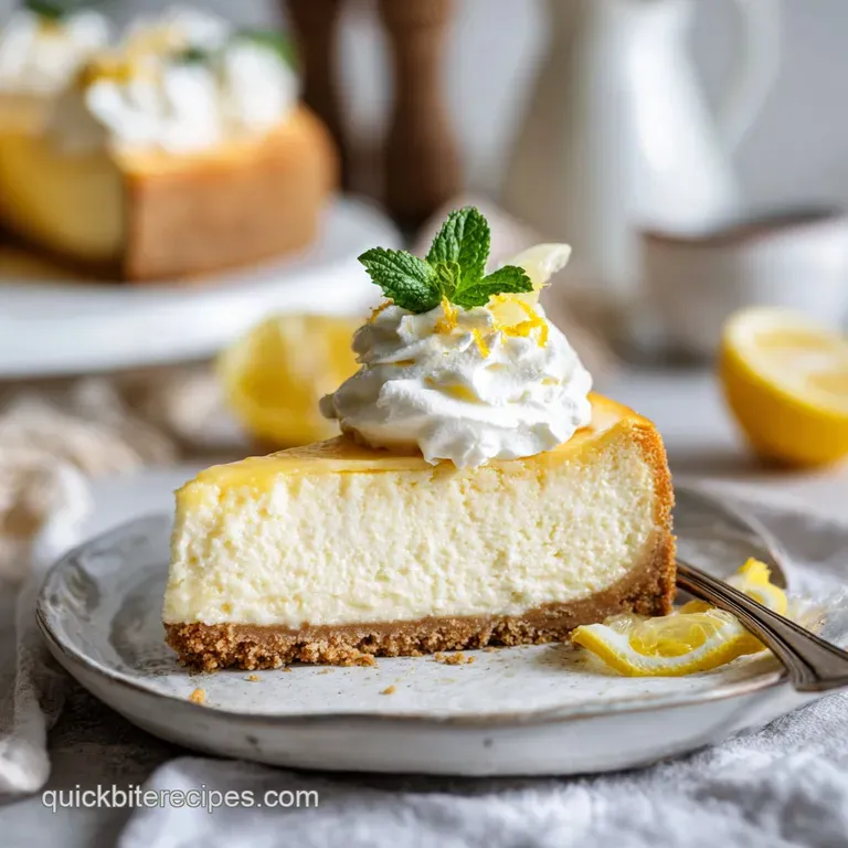 A slice of bright yellow cheesecake on a white plate, adorned with delicate whipped cream and a lemon zest garnish.