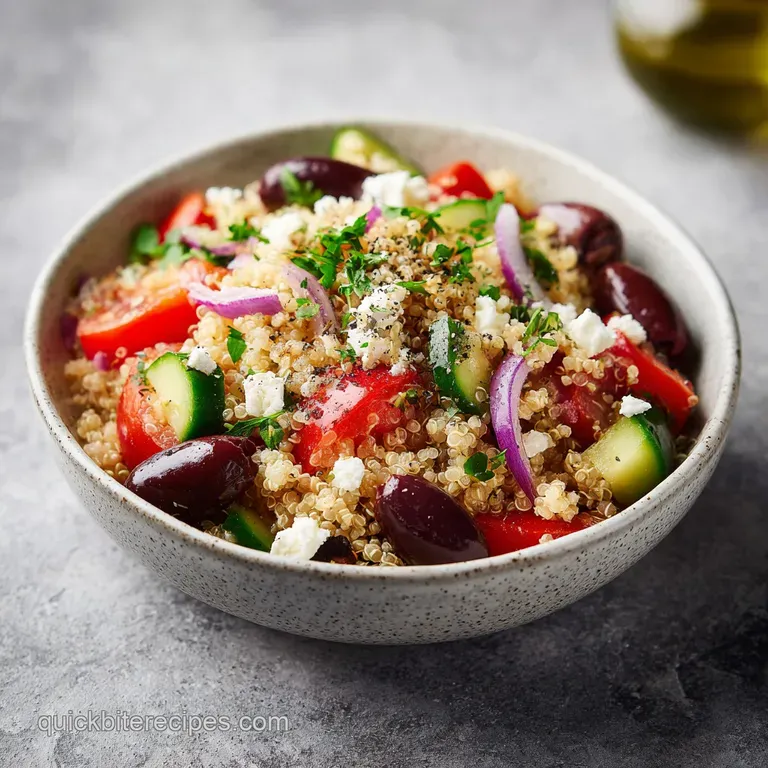 An artfully arranged quinoa bowl showcases colorful roasted vegetables, creamy feta, and a drizzle of olive oil.